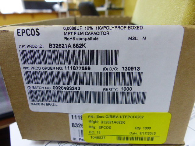 EPCOS B32621A682K Qty of 150 per Lot FILM MKP P10 6.8NF 1000V 10%; Cap Film 0.0
