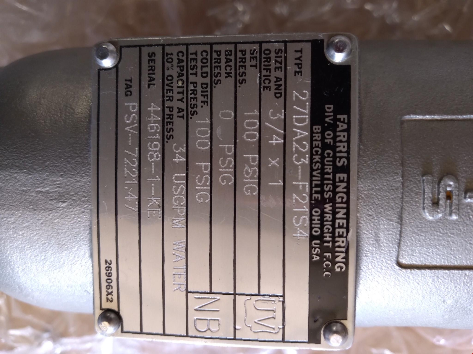 FARRIS 27DA23-F21S4 3/4 X 1 100PSIG 446198-1-KE 24752X13 CF8M E86
