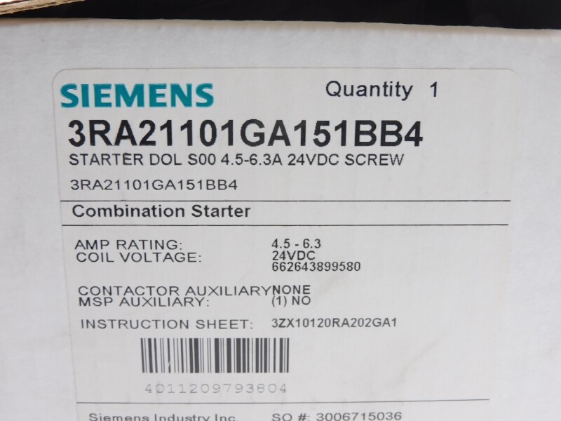 SIEMENS 3RA21101GA151BB4 24VDC 4.6-6.3A NSMP