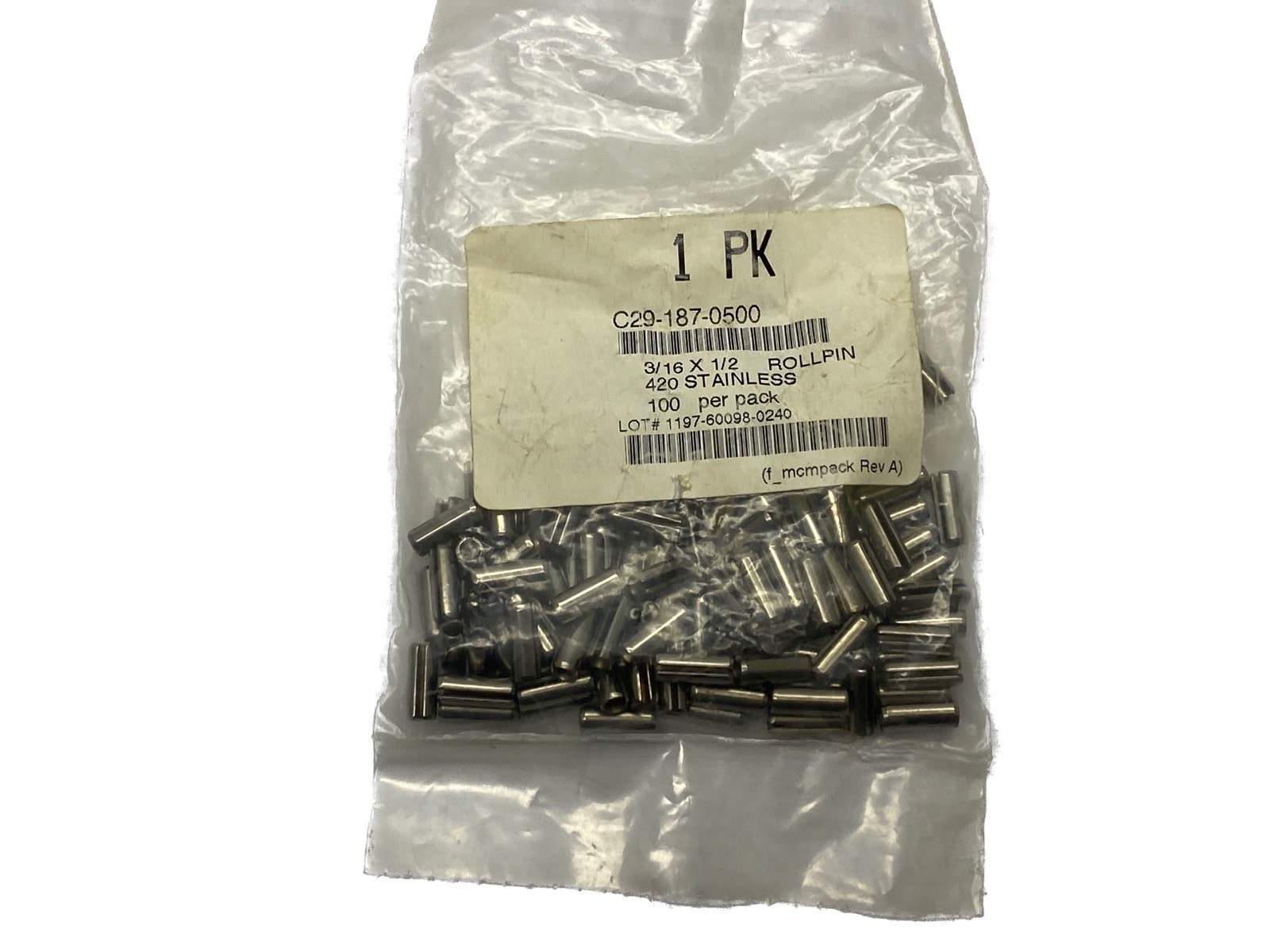 NEW Pack Of 100 McMaster 3/16” X 1/2” 420 Stainless Roll Pins C29-187-0500