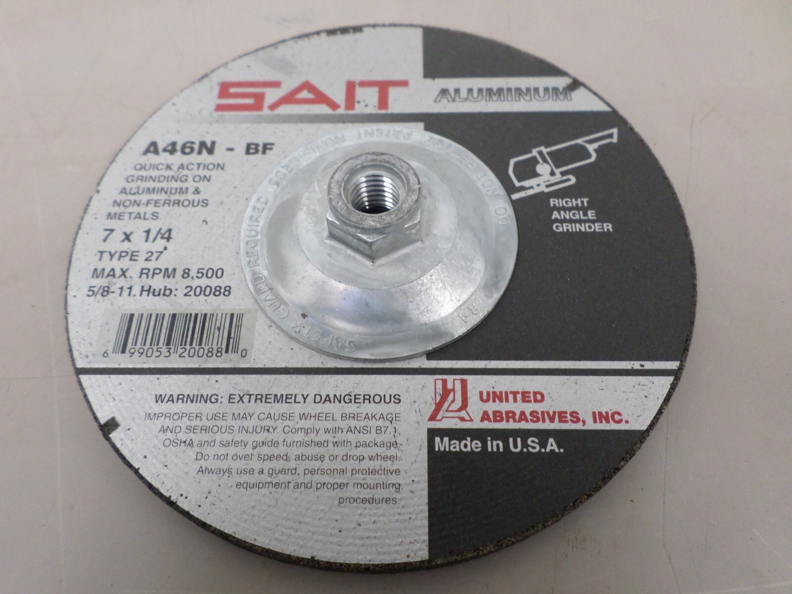 Lot of 2 – SAIT 20088 A46N-BF 7 x 1/4 Type 27 Depressed Center Grinding Wheels
