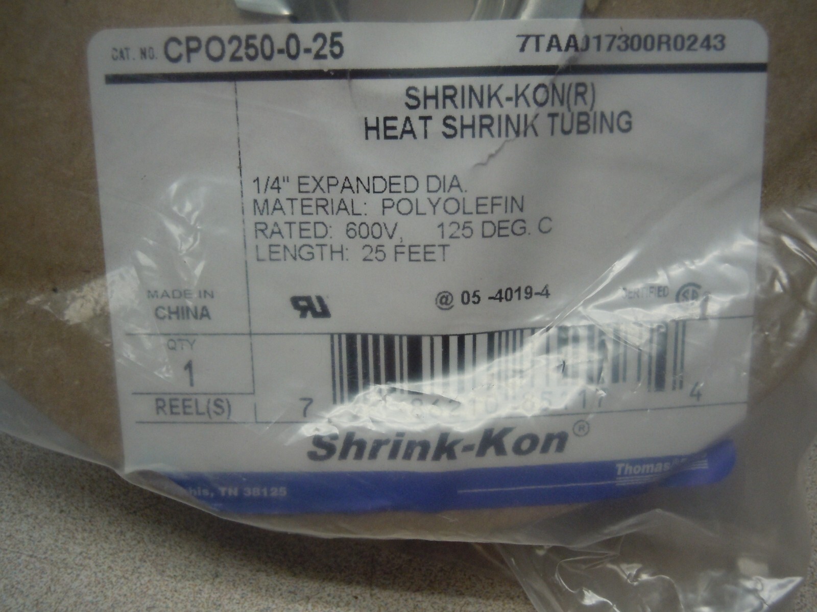 Thomas&betts CPO250-0-25 Shrink-kon Tubing Inch Markings 25ft 1/4 inch