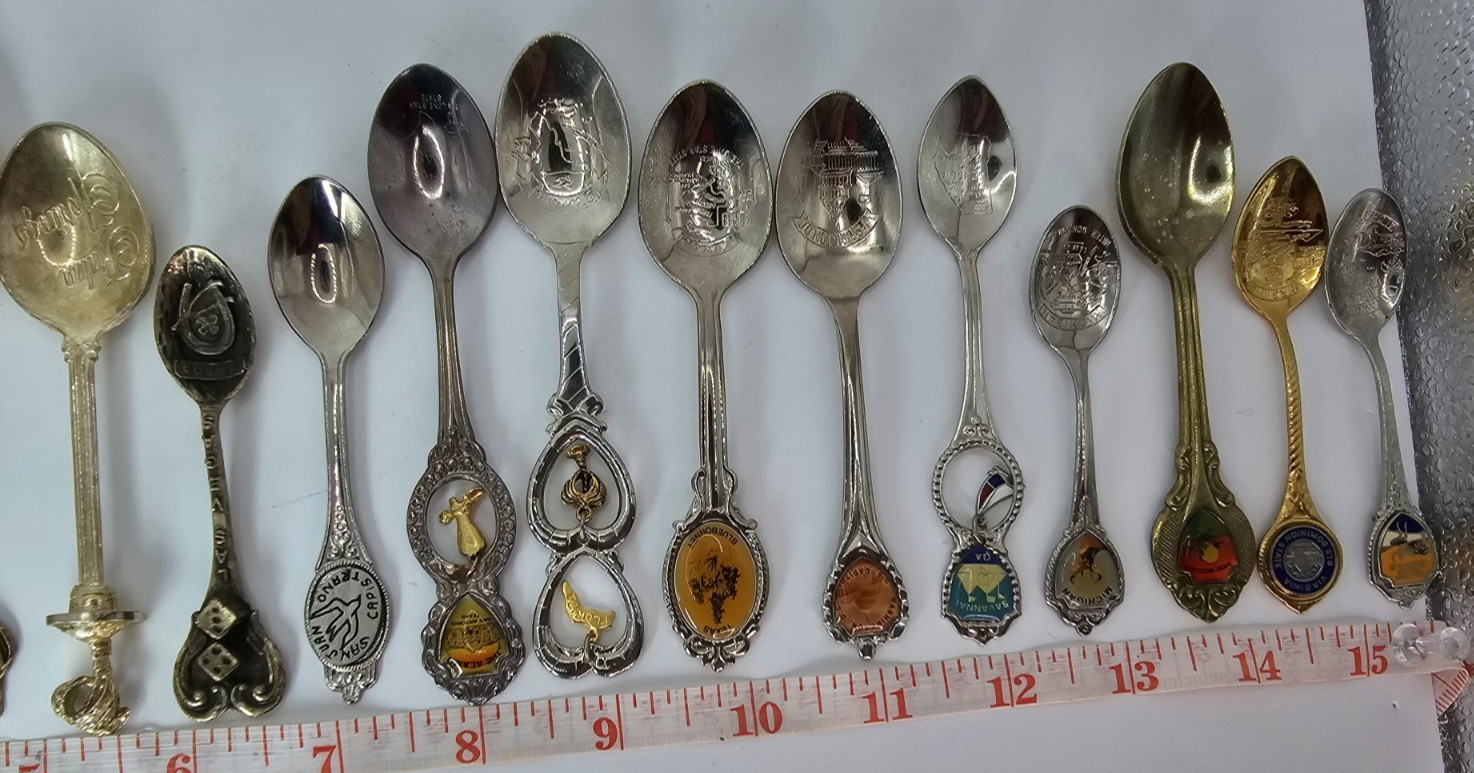 Lot of 18 Souvenir Mini Spoons-States, Places, Countries-Silver Plated, Brass