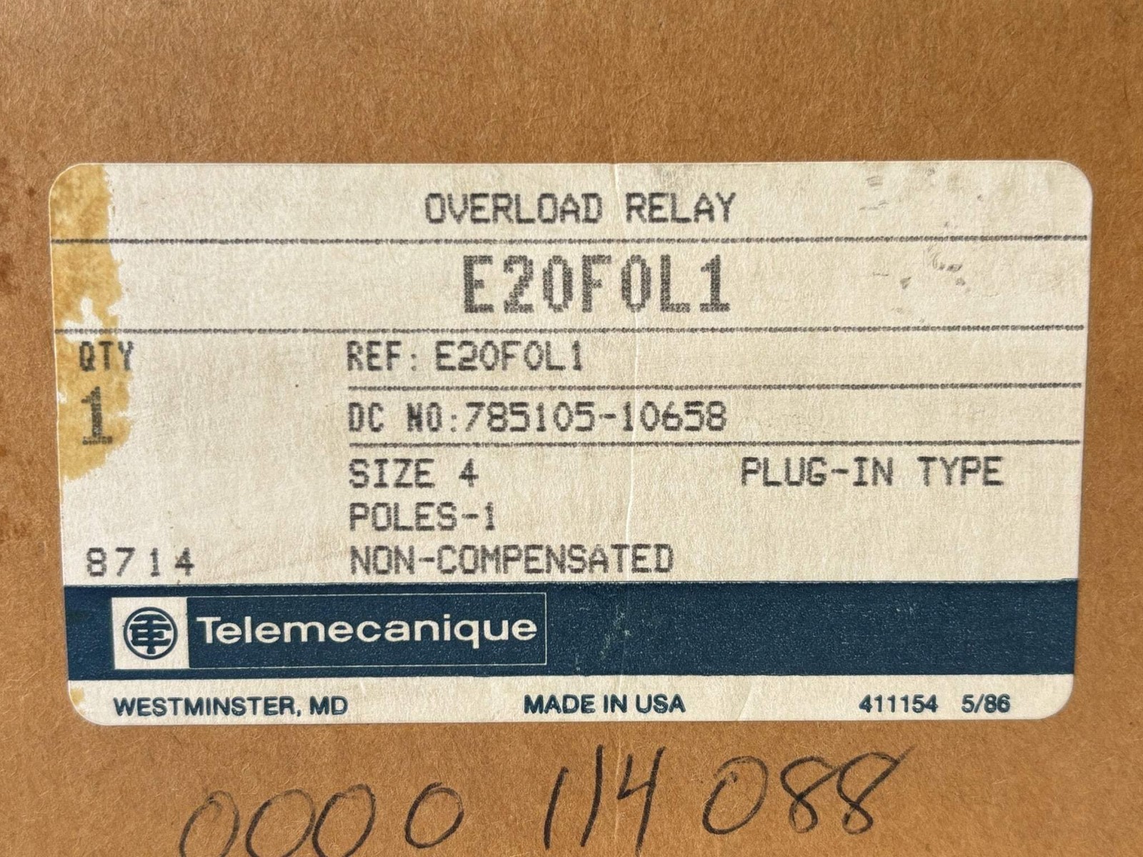 4PK Telemecanique E20F0L1 Size 4 Solid‑State Overload Relay Kit 85‑115 A 600 V