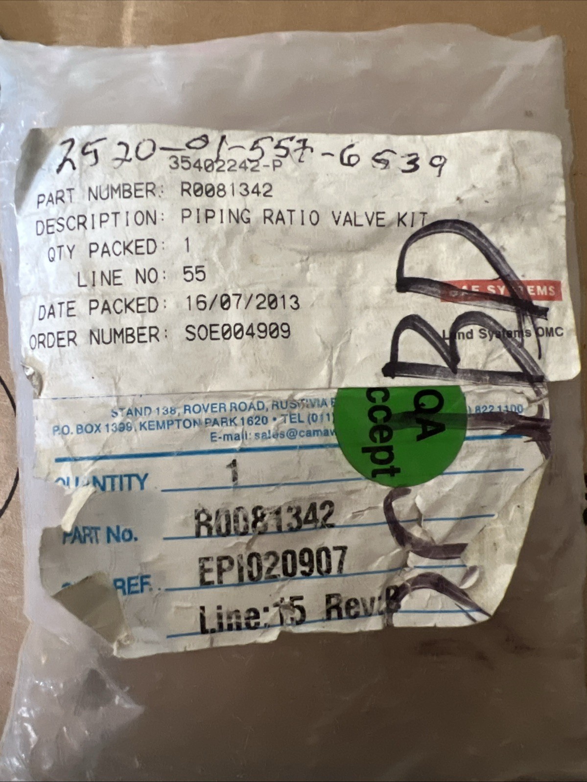 Piping Ratio Valve Kit NSN 2520-01-557-6539 PN R0081342