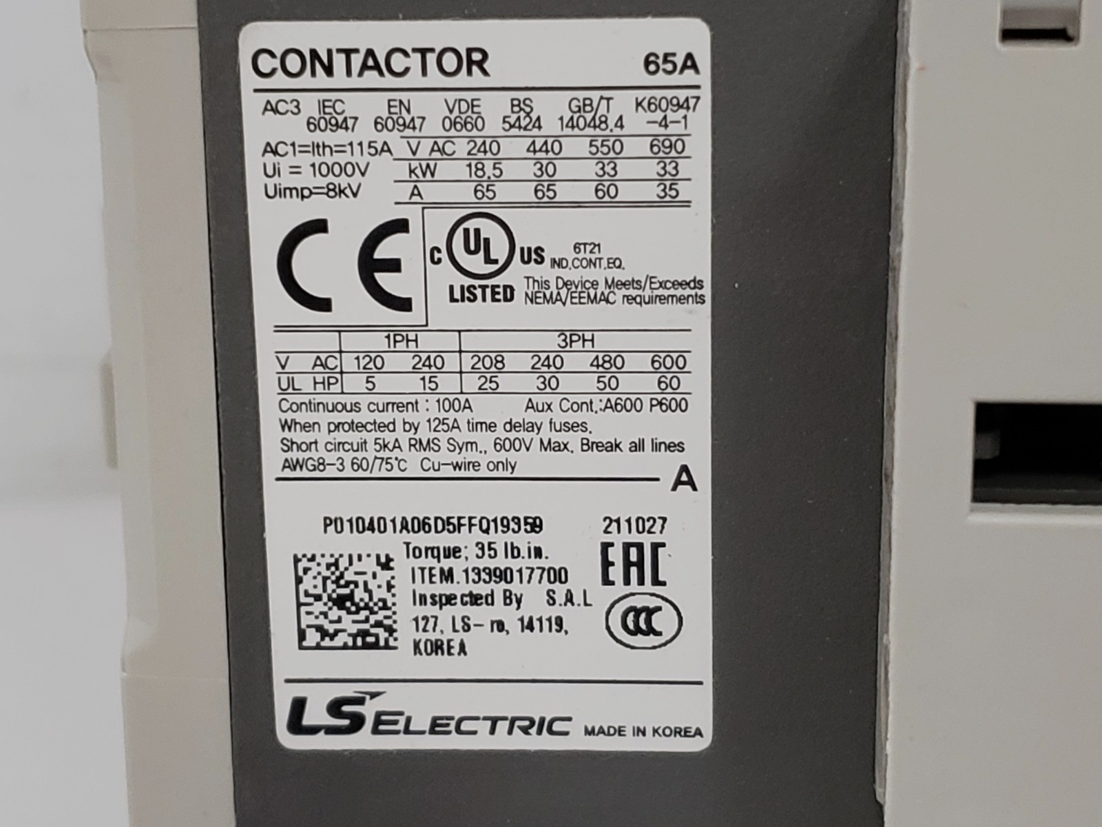 LS ELECTRIC MC-65A-22-DC24V CONTACTOR 3 POLE 65A 2NO 2NC 24VDC NIB