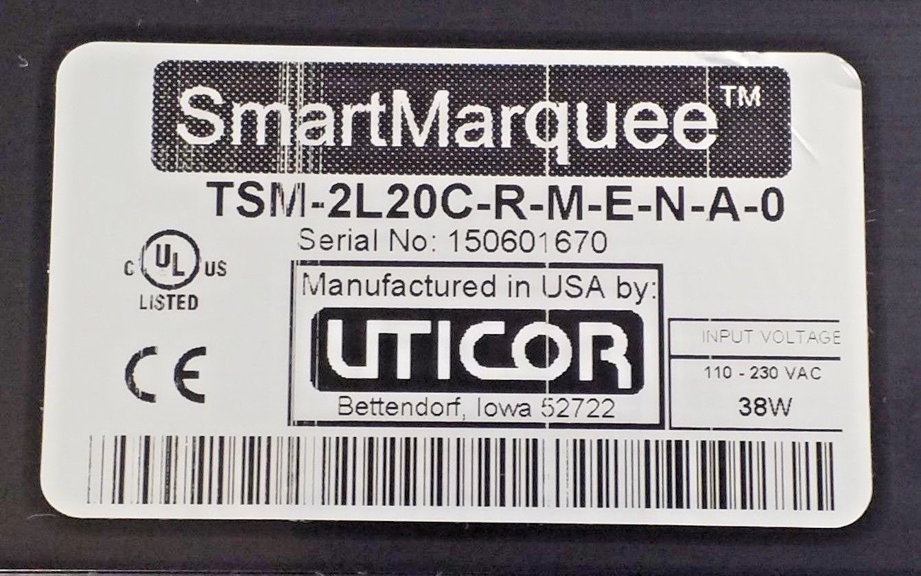 SMART MARQUEE TSM-2L20C-R-M-E-N-A-0 DISPLAY BY UTICOR 2 LINES W/ 2″ LETTERS