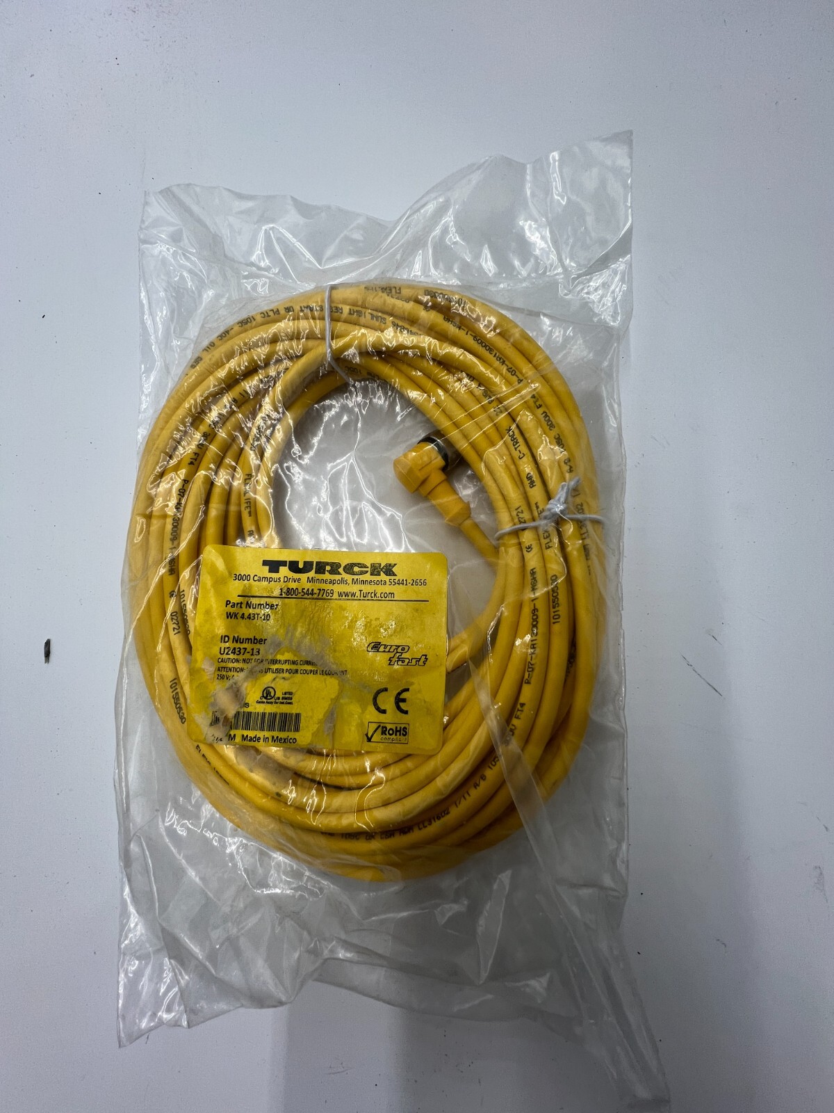 Turck 4-Wire M12, 90 degrees Female Single-end Cordset 10m U2437-13 WK4.43T-10