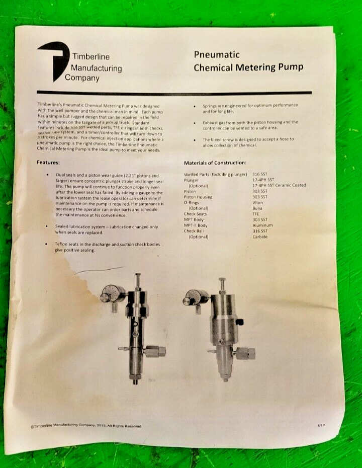 🟠TIMBERLINE PNEUMATIC CHEMICAL METERING PUMP PESSCO OFFERING 1 G061024-6-7 🗽