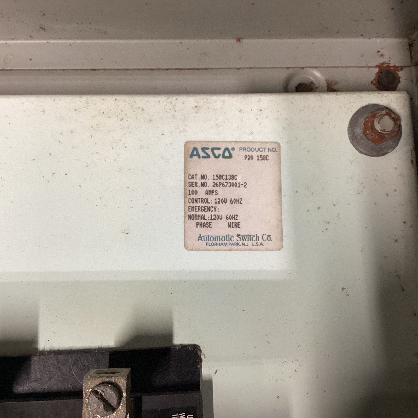 ASCO REMOTE POWER CONTROL 158C138C 100AMP 920 158C #809AT2