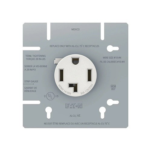 Eaton AH1167W-C-BX-L – Recp 30A125/250V3P4W on4.6875″Cvr WH Can – 1EA