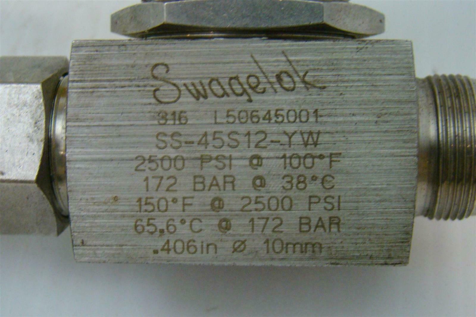Swagelok Stainless Steel Valve Compression Connection 2500psi SS-45S12-YW
