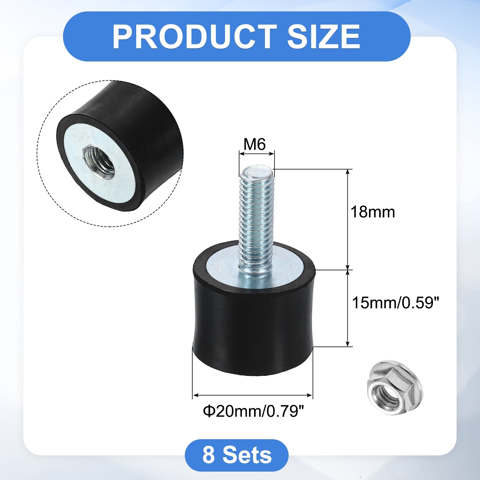 8Pcs, M6x18mm Rubber Mounts 20x15mm(DxH) Rubber Shock Absorber Mount w/ Nuts
