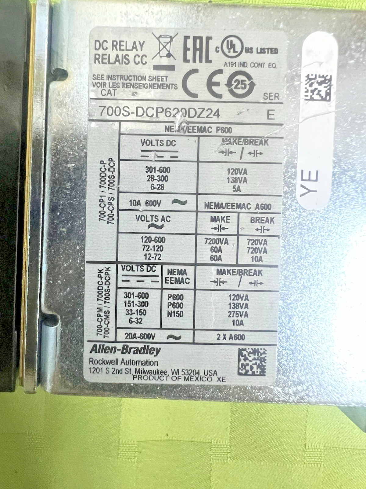 ALLEN BRADLEY 700S-DCP620DZ24 SAFETY CONTROL RELAY 600V DC COIL 8 POLE SER E NIB