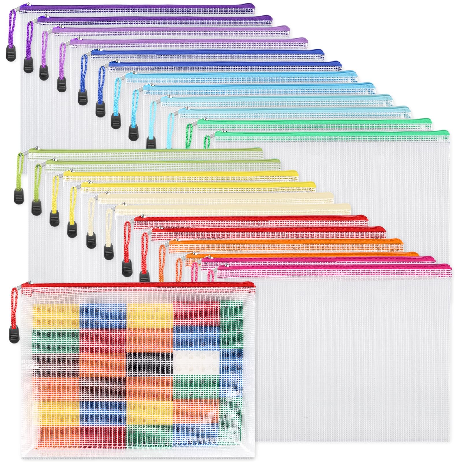 EOOUT 24pcs Mesh Zipper Pouch Bags A4 Document Bag, 13.5×9 Inches, Multicolor