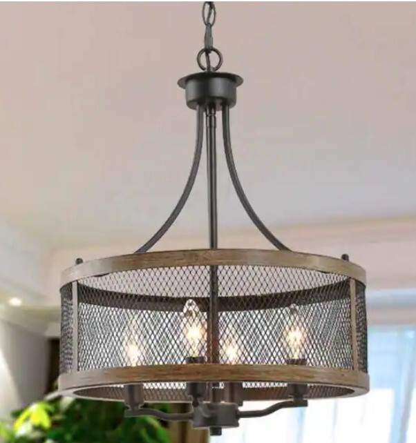 LALUZ Black Caged Chandelier, Farmhouse 4-Lt Drum Bronze Modern Round Chandelier