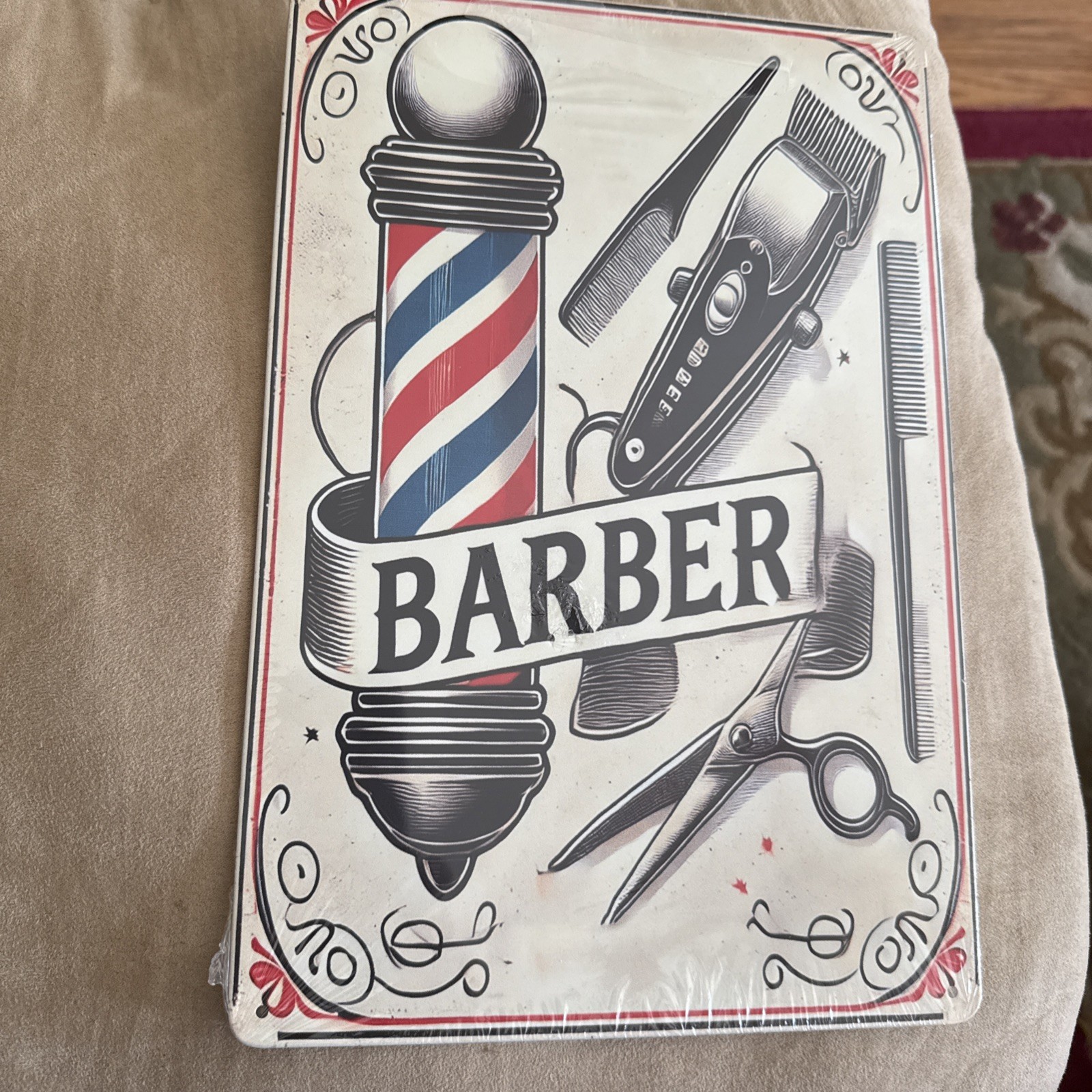 What An Adorable “Barber Shop” Metal Tin Sign In 7.8”x11.8”