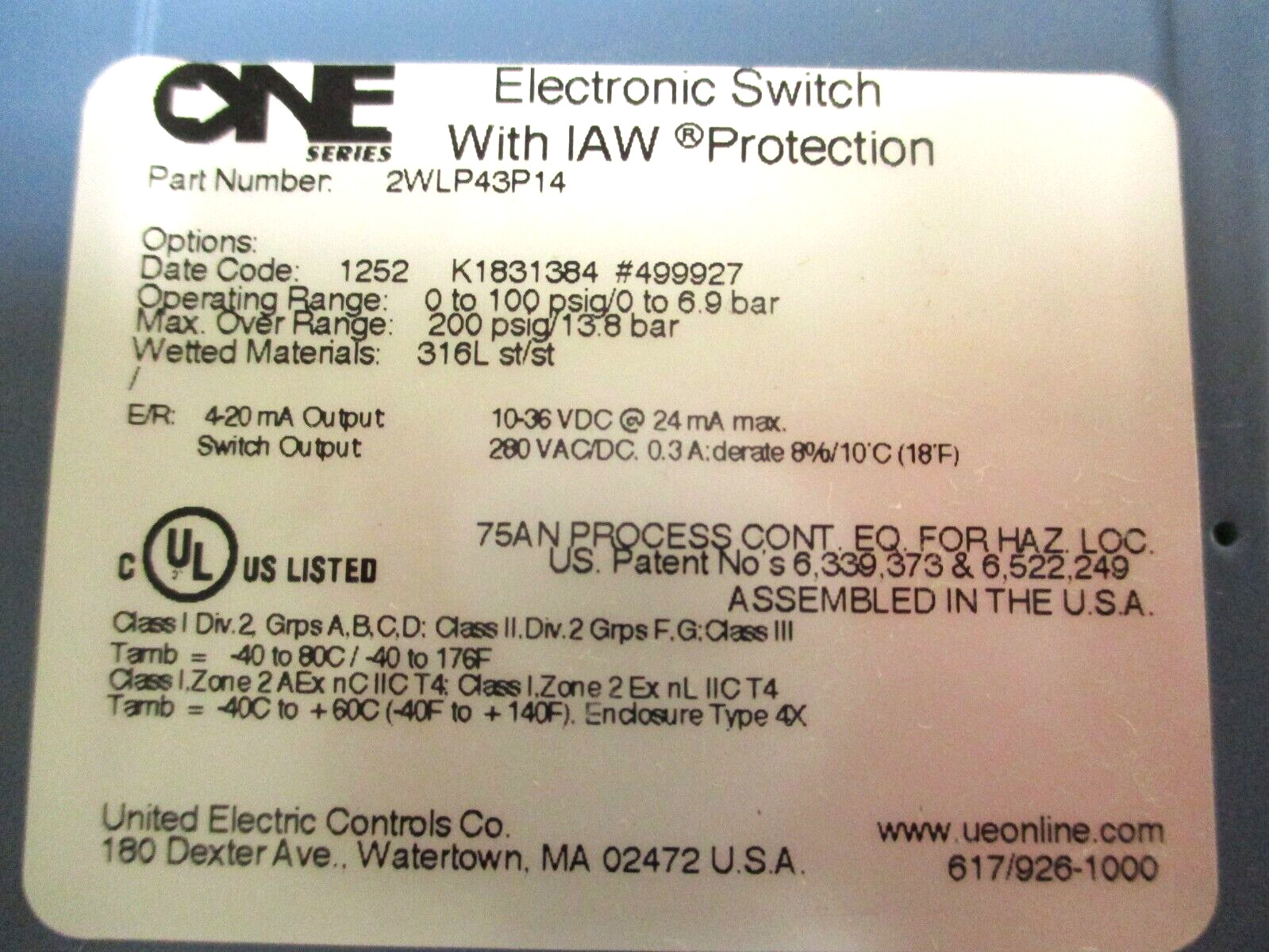 UNITED ELECTRIC CONTROLS , 2WLP43P14 , SWITCH-TRANSMITTER