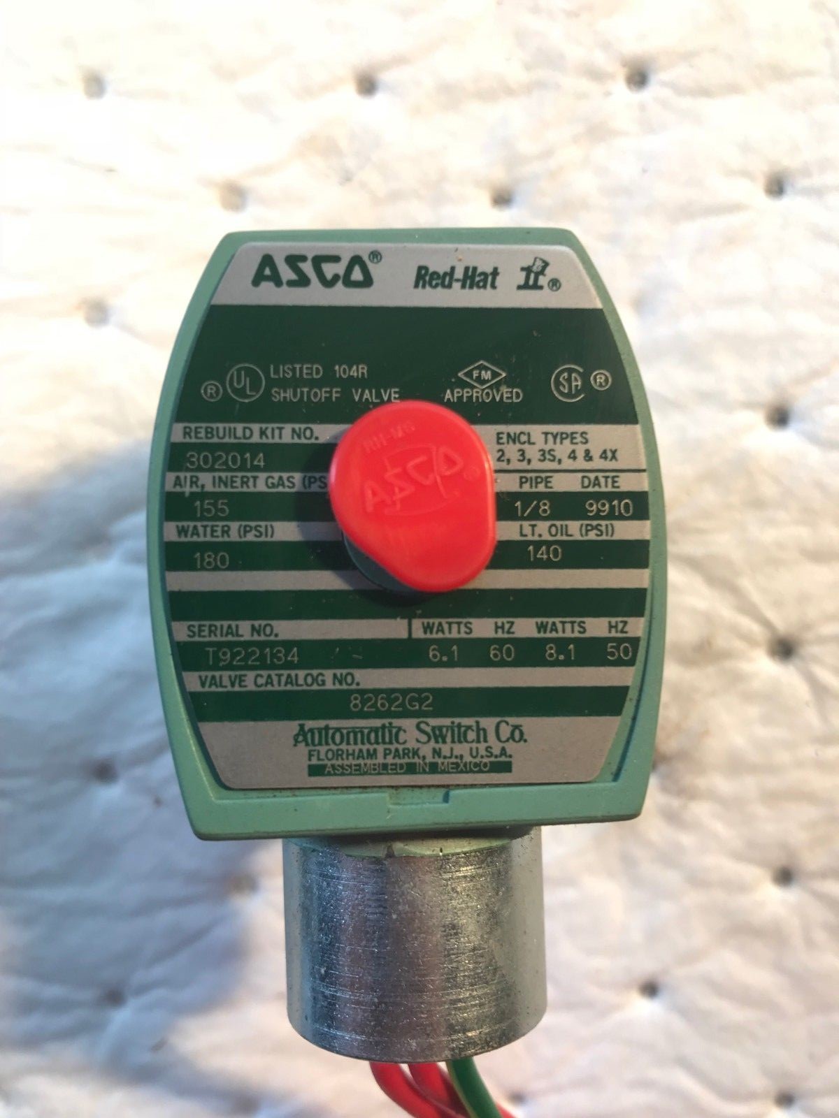 ASCO RED-HAT II VALVE 302014 AIR 155PSI WATER 180PSI OIL 140PSI 8262G2