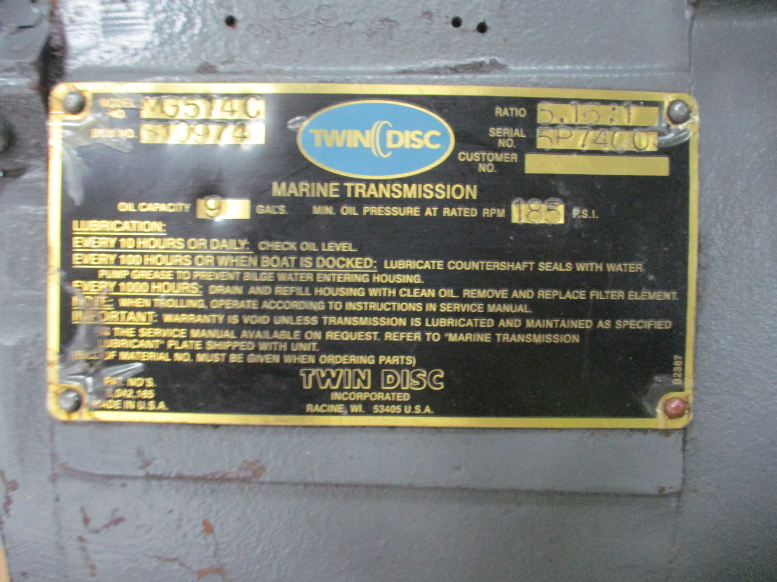 Twin Disc MG514C Marine Transmission Ratio: 5.16:1