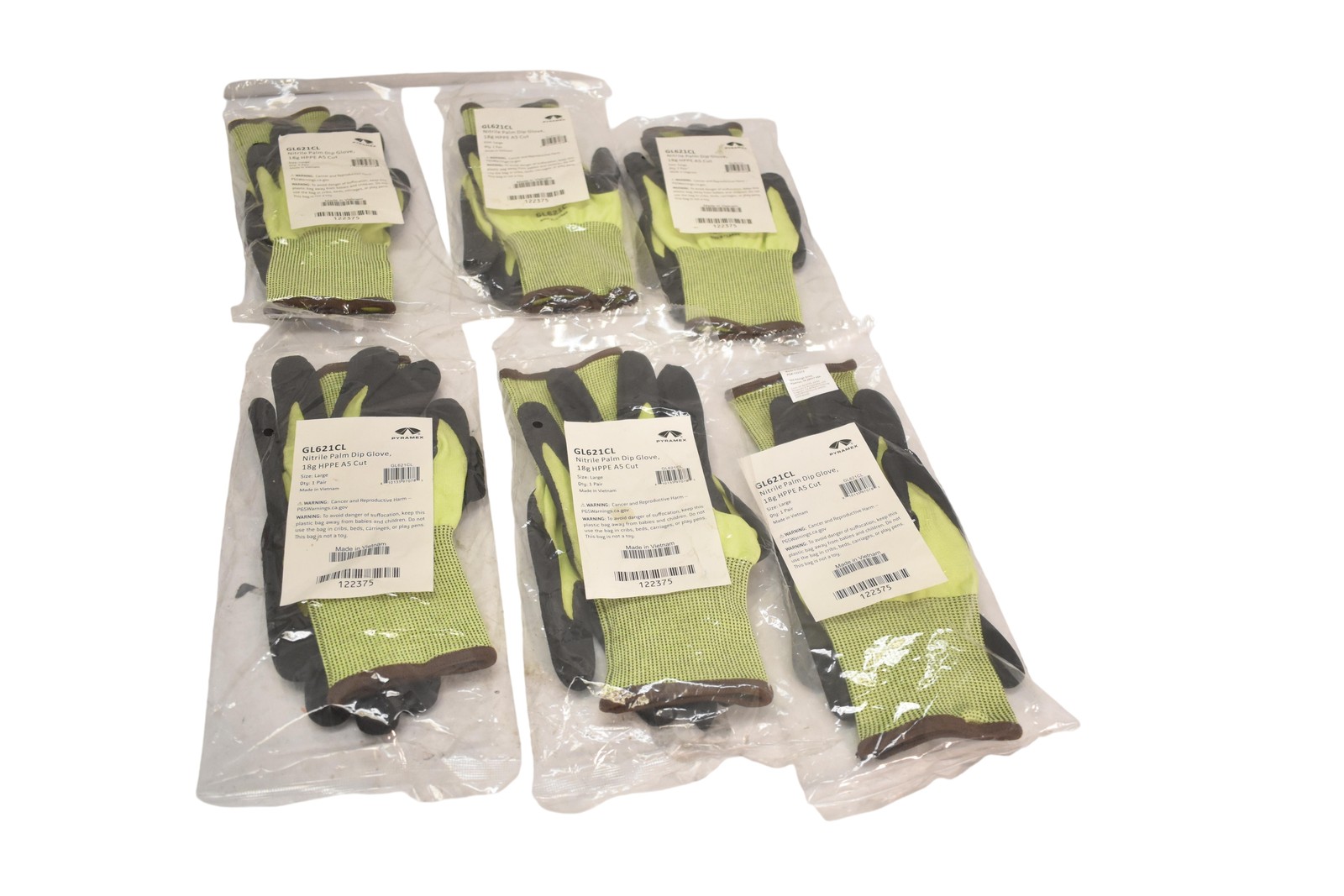 Pyramex GL621CL Nitrile Palm Dip Work Gloves Large 6 Pairs A5 Cut Hi-Vis Yellow