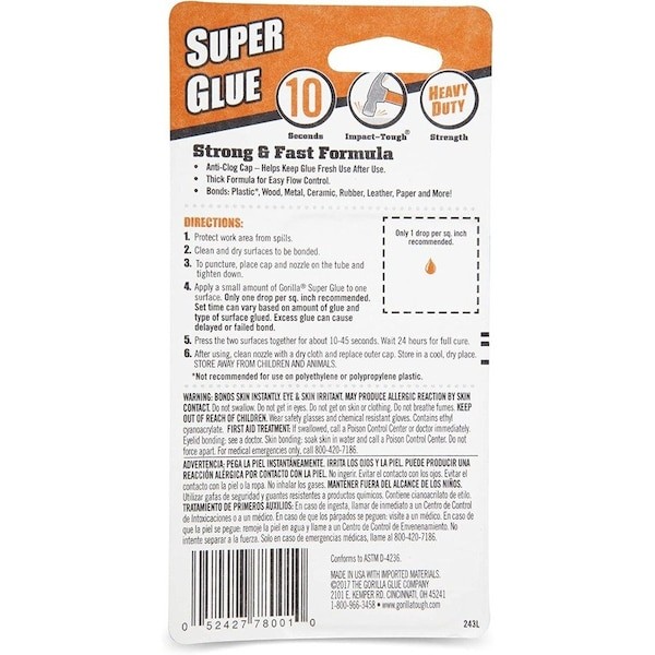 Gorilla Glue 7400202 Instant Adhesive, Super Glue Series, Clear, 0.88 Fl Oz,
