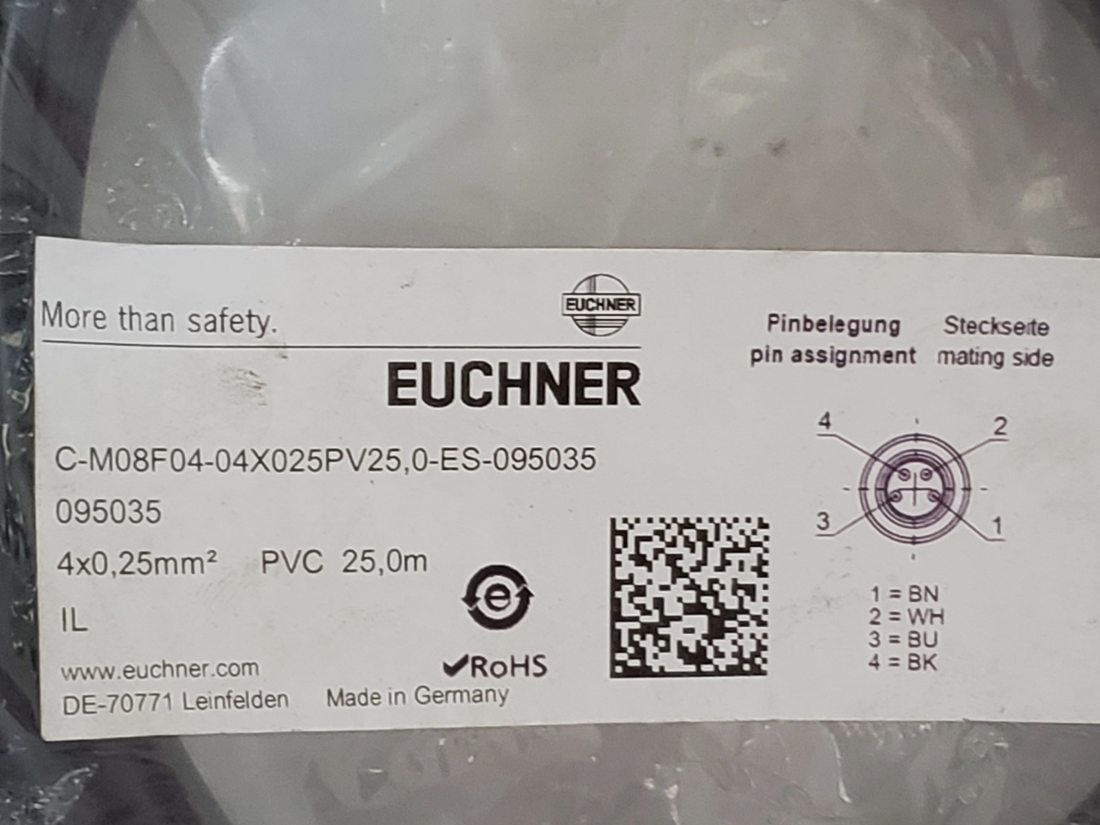 EUCHNER C-M08F04-04X025PV25,0-ES-095035 CONNECTING CABLE FEMALE PLUG 4 PIN NIB