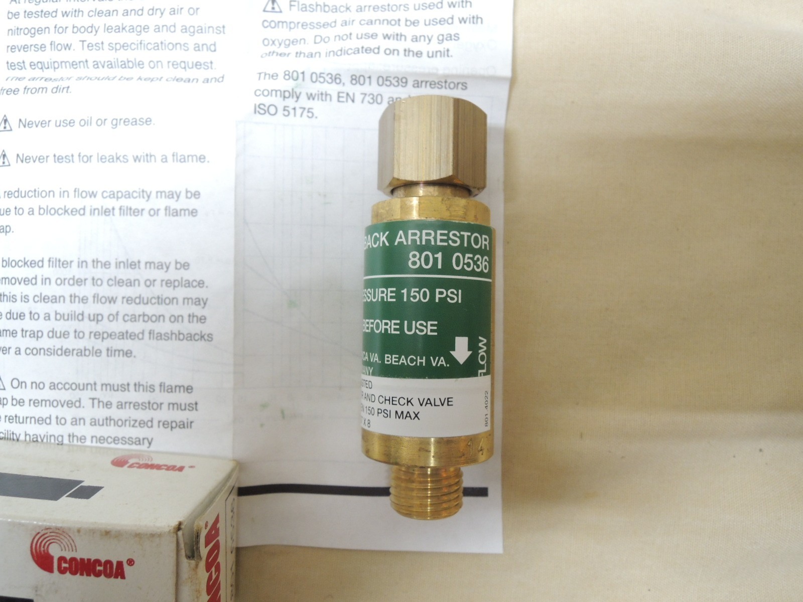 Concoa Flashback Arrestor Oxygen 801 8536 New