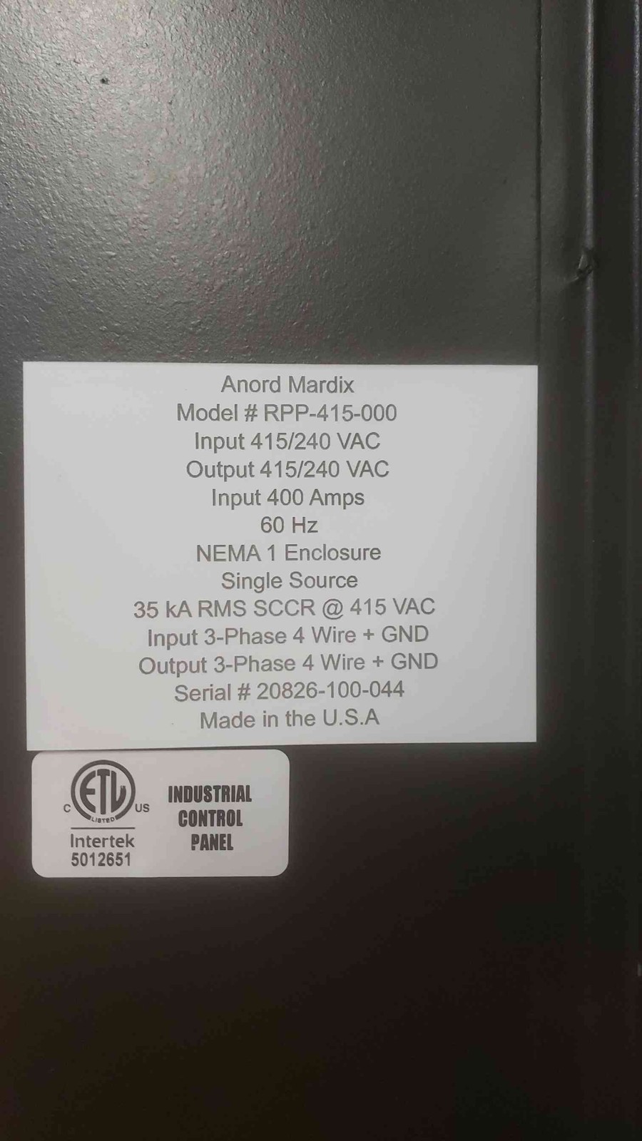 NEW 400A RPP 415/240VAC 3PH 4W Control Panel RPP-415-000 Remote Power Panel BCM