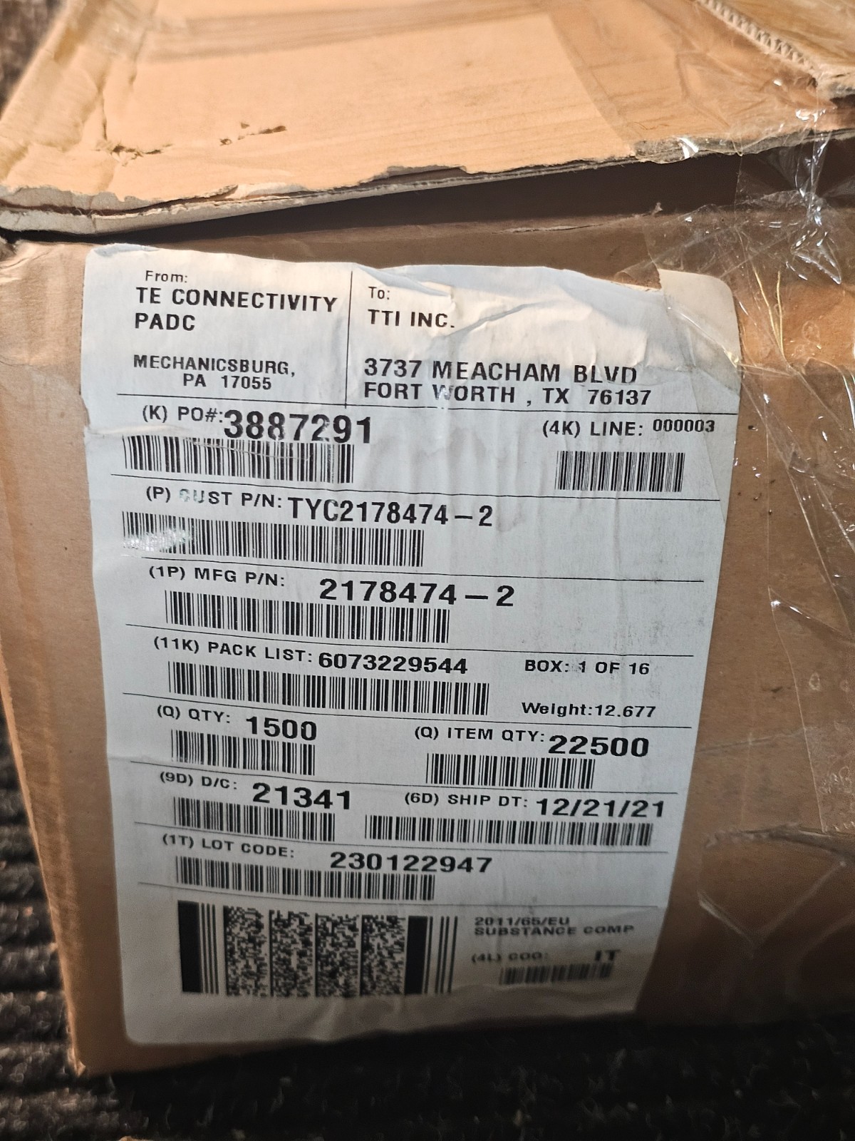 (QTY 1500) TE Connectivity 2178474-2 3 Position, Cap, Housing, Wire-to-Panel