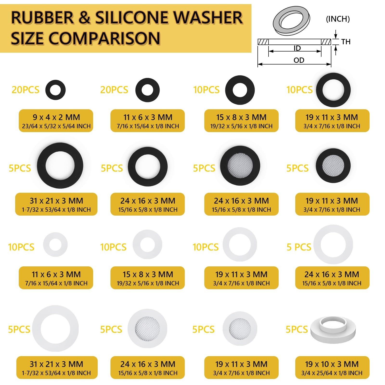 Rubber & Silicone Gasket Washers Kit – 135 PCS, 16 Sizes, Garden 135PCS, grey