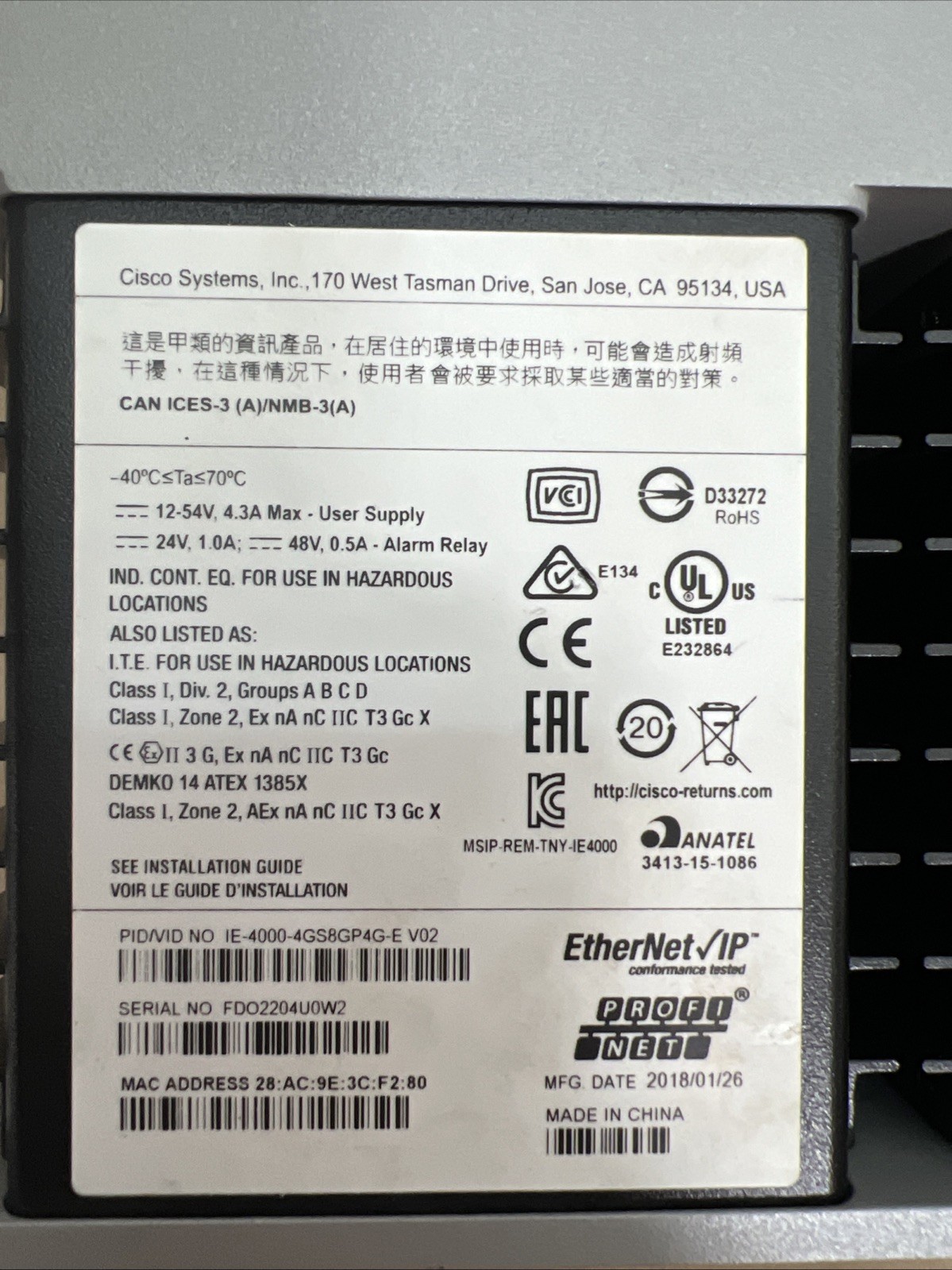 Cisco IE-4000-4GS8GP4G-E Industrial Ethernet IE 4000 Switch