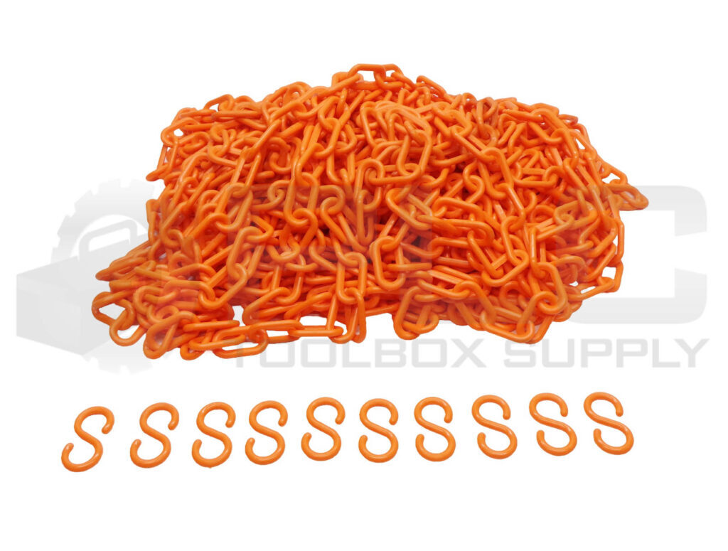 NEW PLASTIC SAFETY CHAIN LINKS 105′ ORANGE W/ 10 50312-10 S-HOOKS