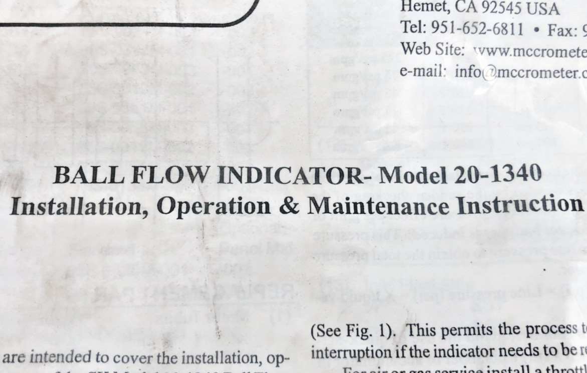 New McCrometer 20-1340 Ball Flow Indicator 1-/2″ B-Flo 72S0367M0030