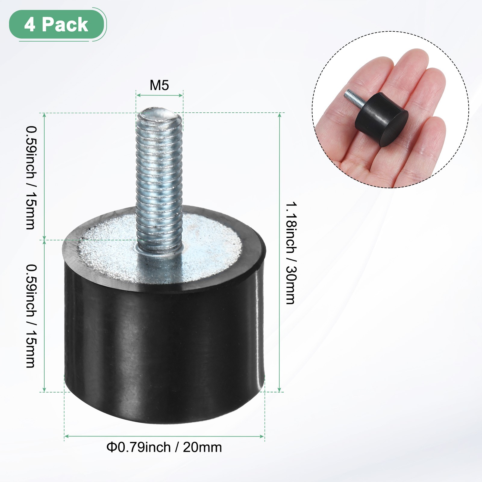 4-Pack Rubber Mounts with M5 x 15mm Studs Male D20mmxH15mm
