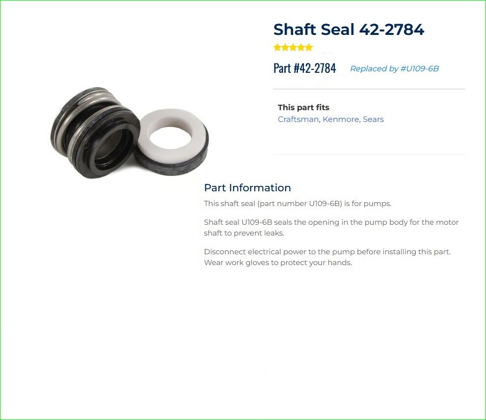 Sears Pump Shaft Seal 42-2784, U109-6B Fits Goulds Flotec + more, Sealed Package