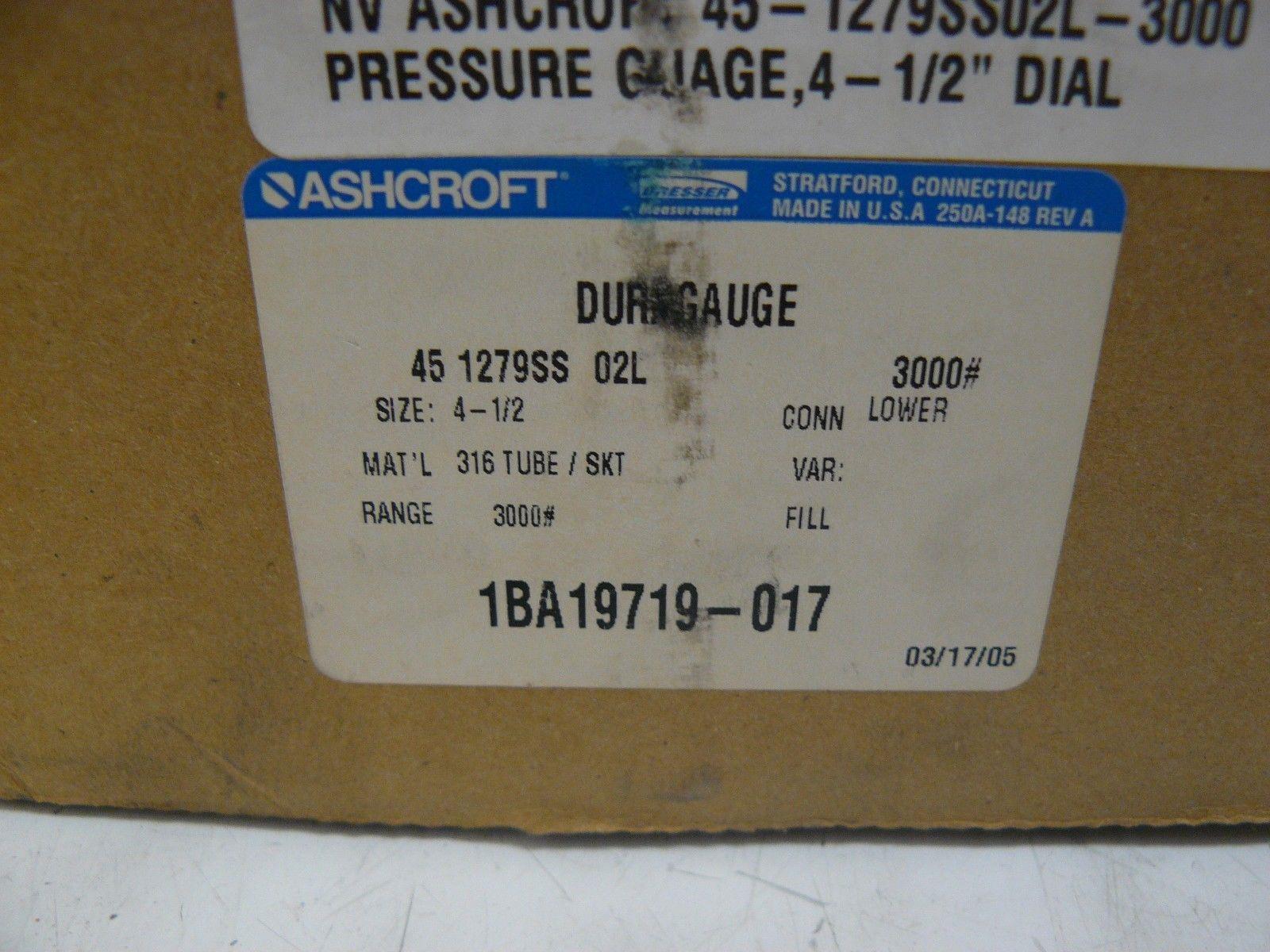 NEW ASHCROFT 45 1279 SS 02L DURAGAUGE 0-3000 PSI SIZE 4 1/2″ DIAL
