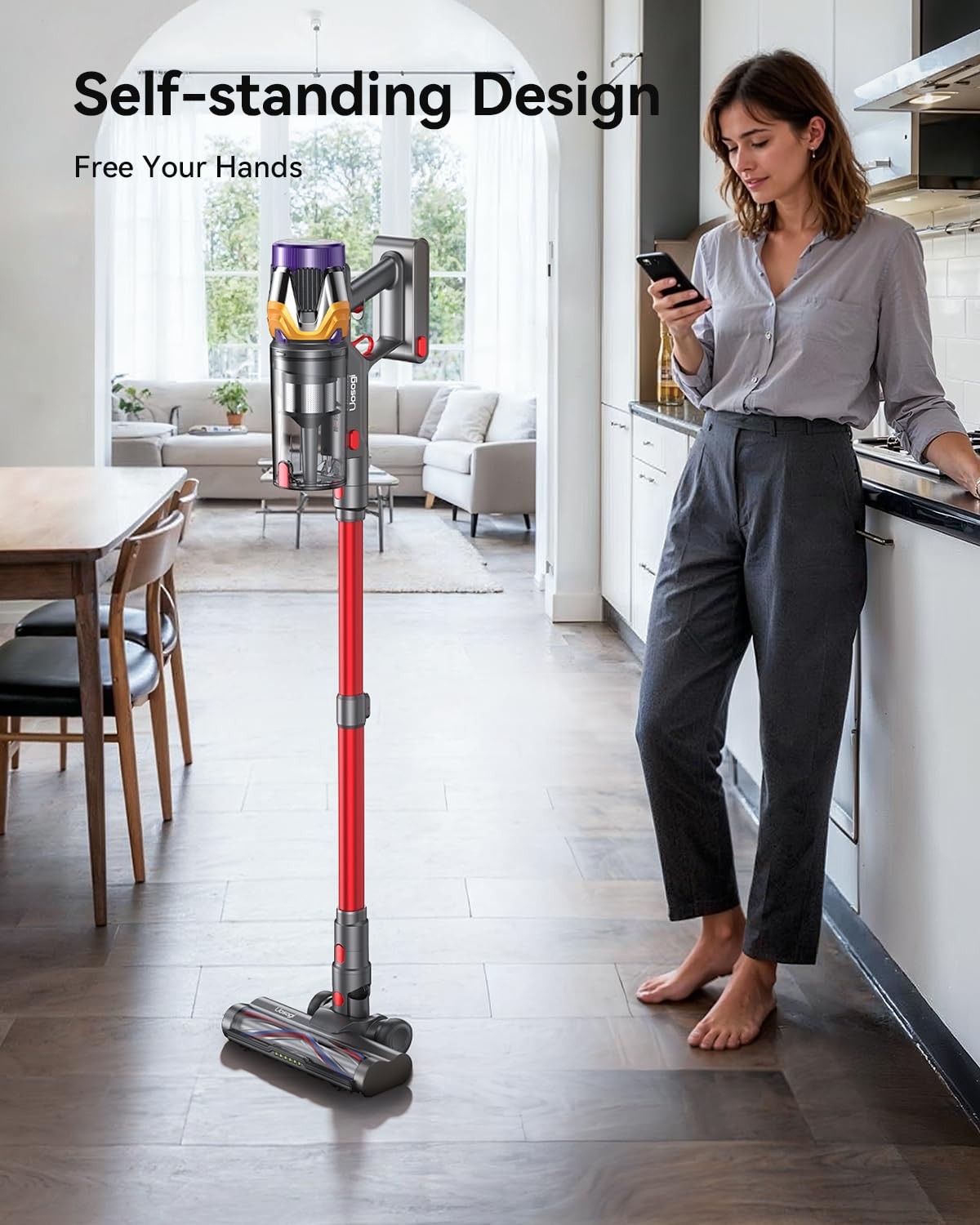 Cordless Vacuum Cleaner, Upgraded 55KPA 650W 70Mins Stick with Red
