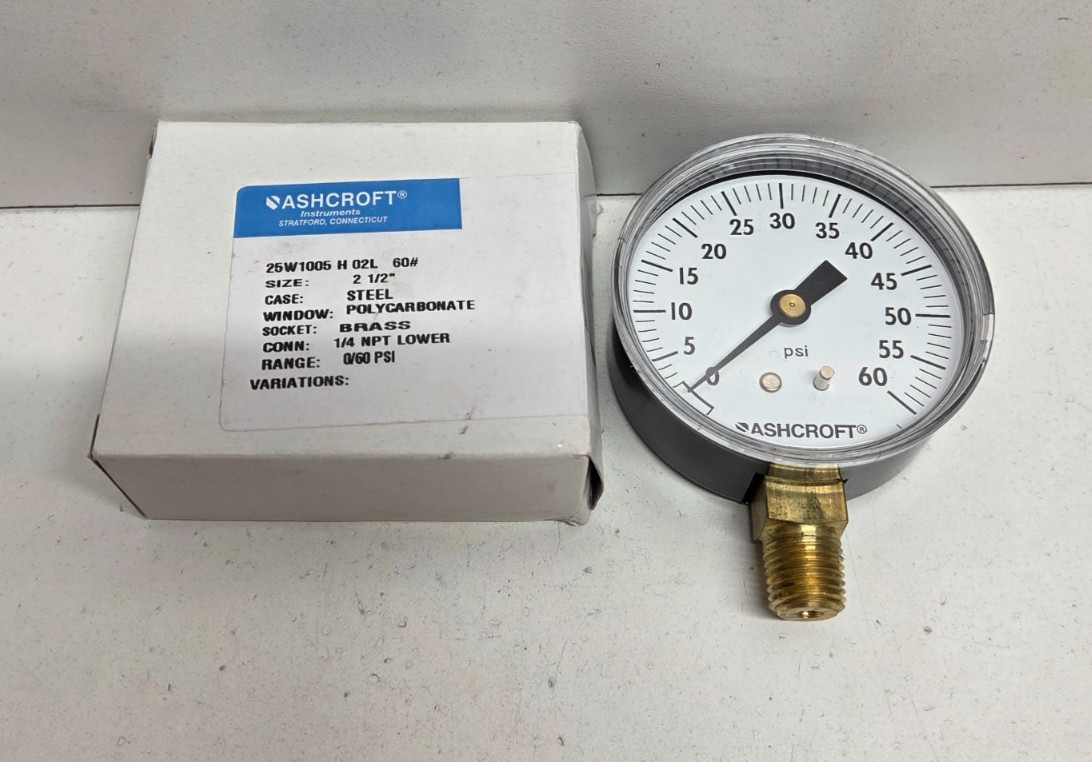 NEW IN BOX! ASHCROFT 2-1/2″ 0-60 PSI 1/4″ NPT PRESSUE GAUGE 25W1005H-02L-60