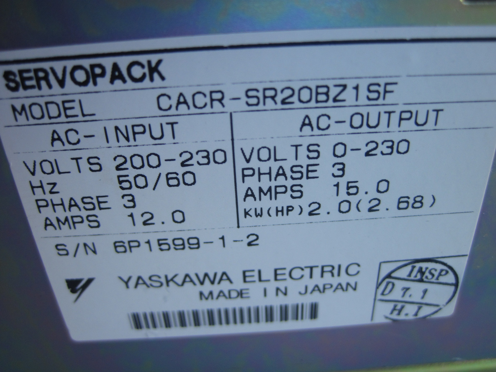 100% WARRANTY (NEW) Yaskawa CACR-SR20BZ1SF Servo Drive ServoPack CACR-SRCA20FZB