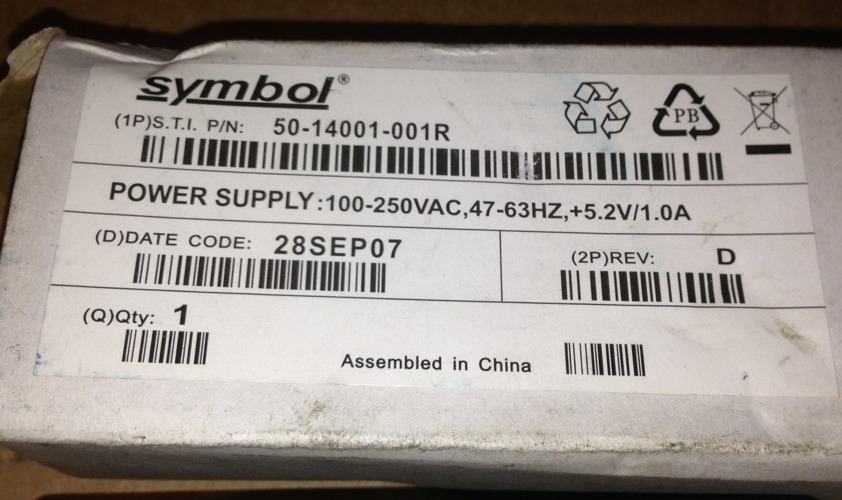 Symbol Power Supply 50-140001-001R, 100-250vac, 47-63HZ, +5.2V, 1amp, #1654A5