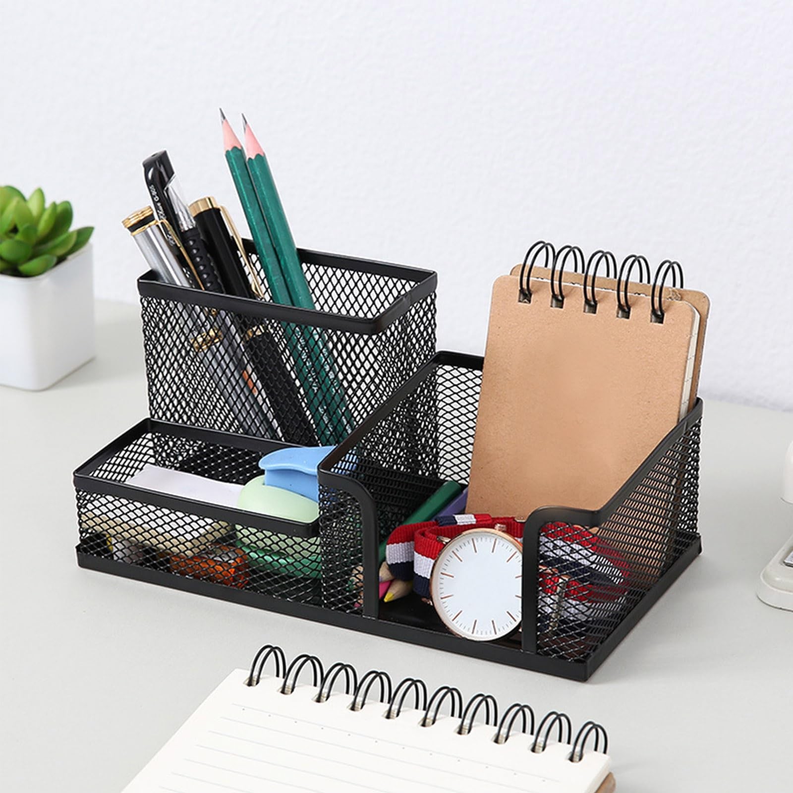 ASTIMESA 2 Pcs Metal Pen Organizer for Desk with 3 Compartments, Office black