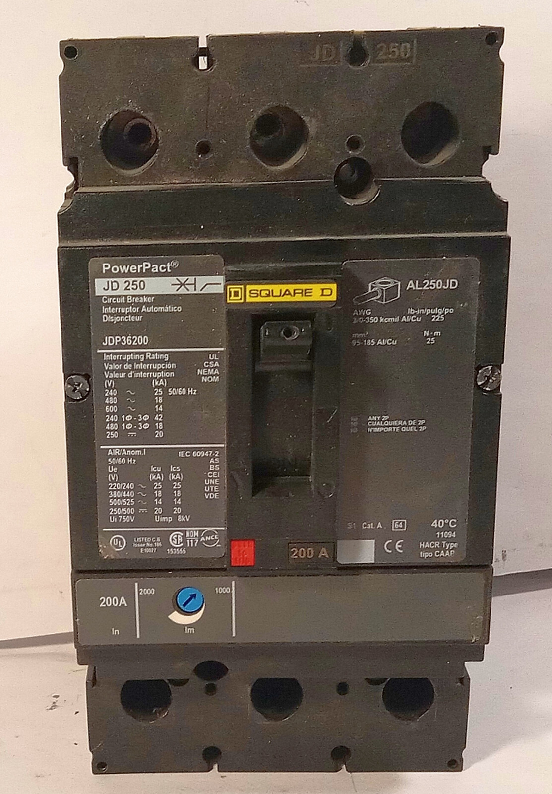1 USED SQUARE D JDP36200 200 AMP MOLDED CASE CIRCUIT BREAKER ***MAKE OFFER***