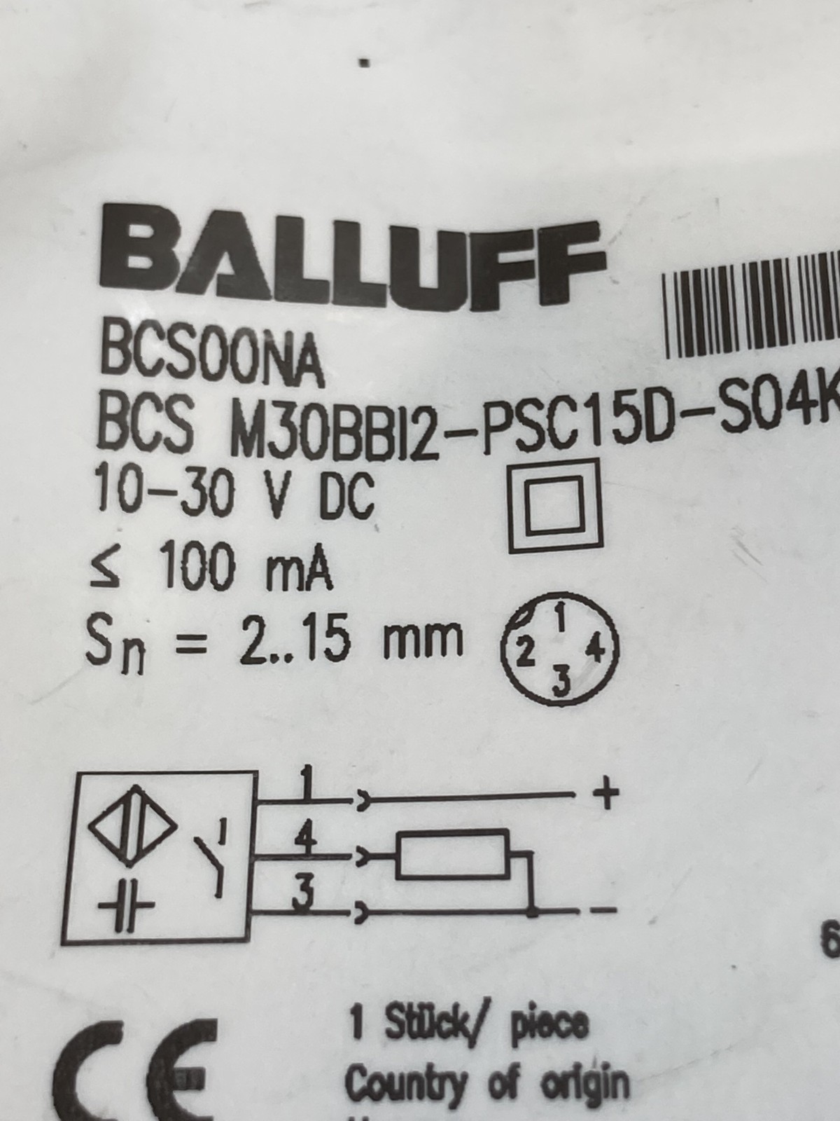 BALLUFF BCS M30BBI2-PSC15D-S04K CAPACITIVE SENSOR 10-30VDC 100MA SN=2-15MM NIB