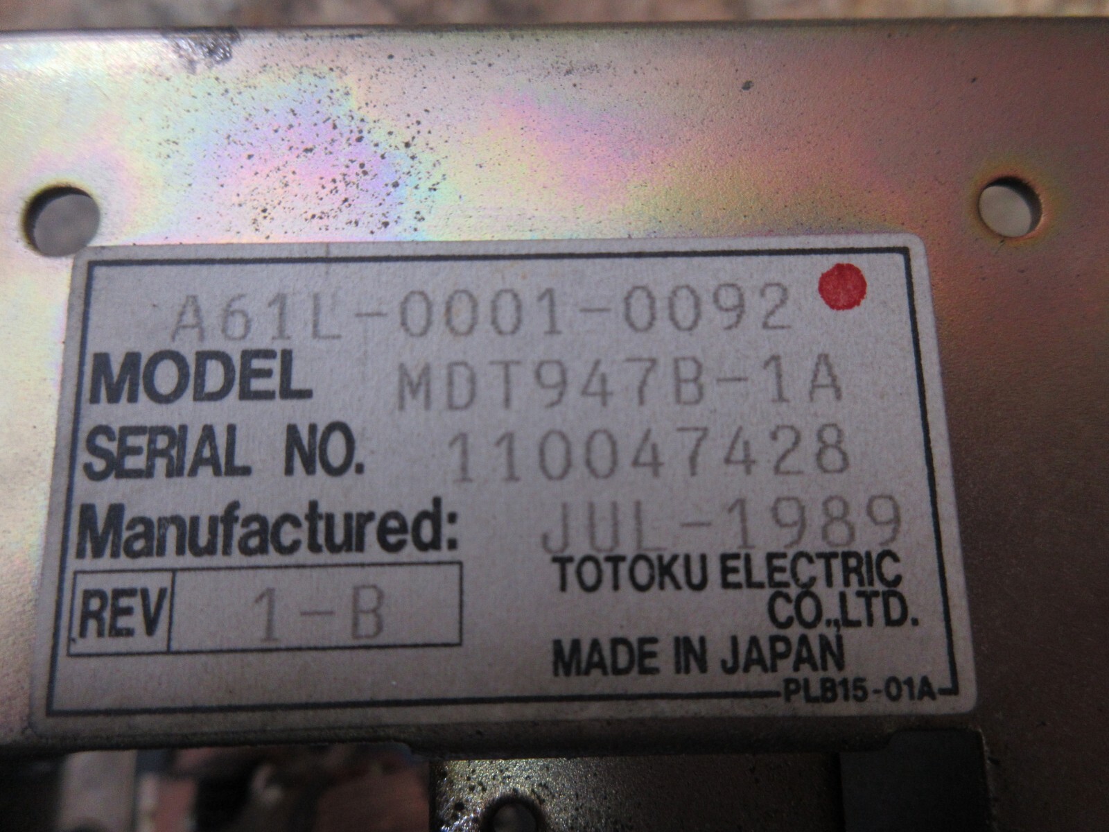 TOTOKU DISPLAY MONITOR A61L-0001-0092 MDT947B-1A 110047428 JUL-1989 1-B