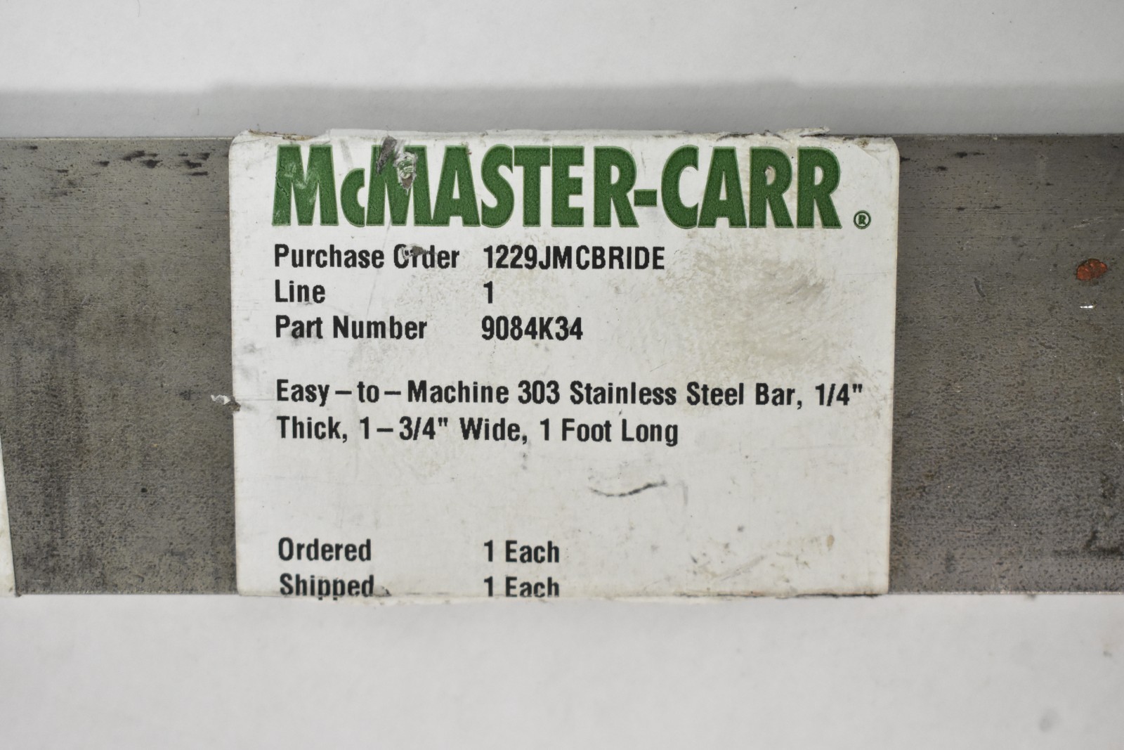 McMaster Carr Easy To Machine Bar Stainless Steel 1/4″ Thick x 1-3/4″ W x 1′ L
