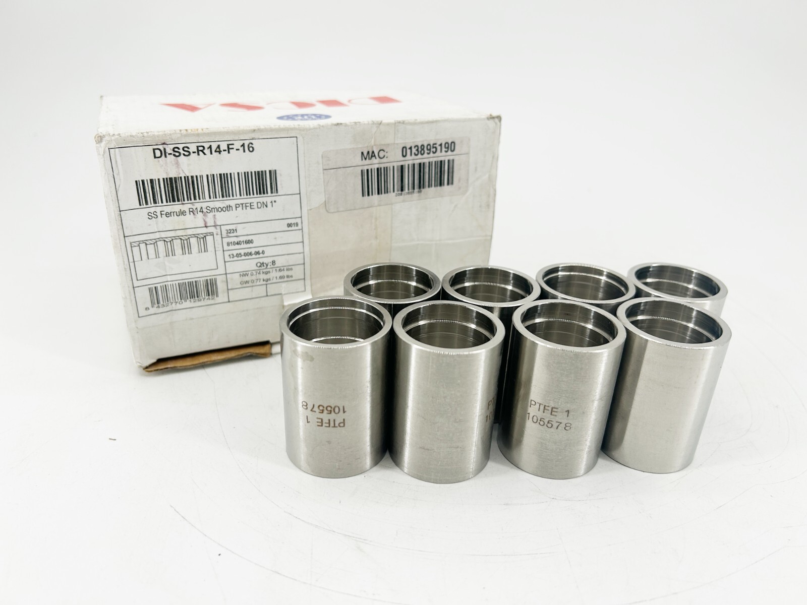 New Box of 8 Dicsa DI-SS-R14-F-16 SS Ferrule R14 Smooth PTFE DN 1″