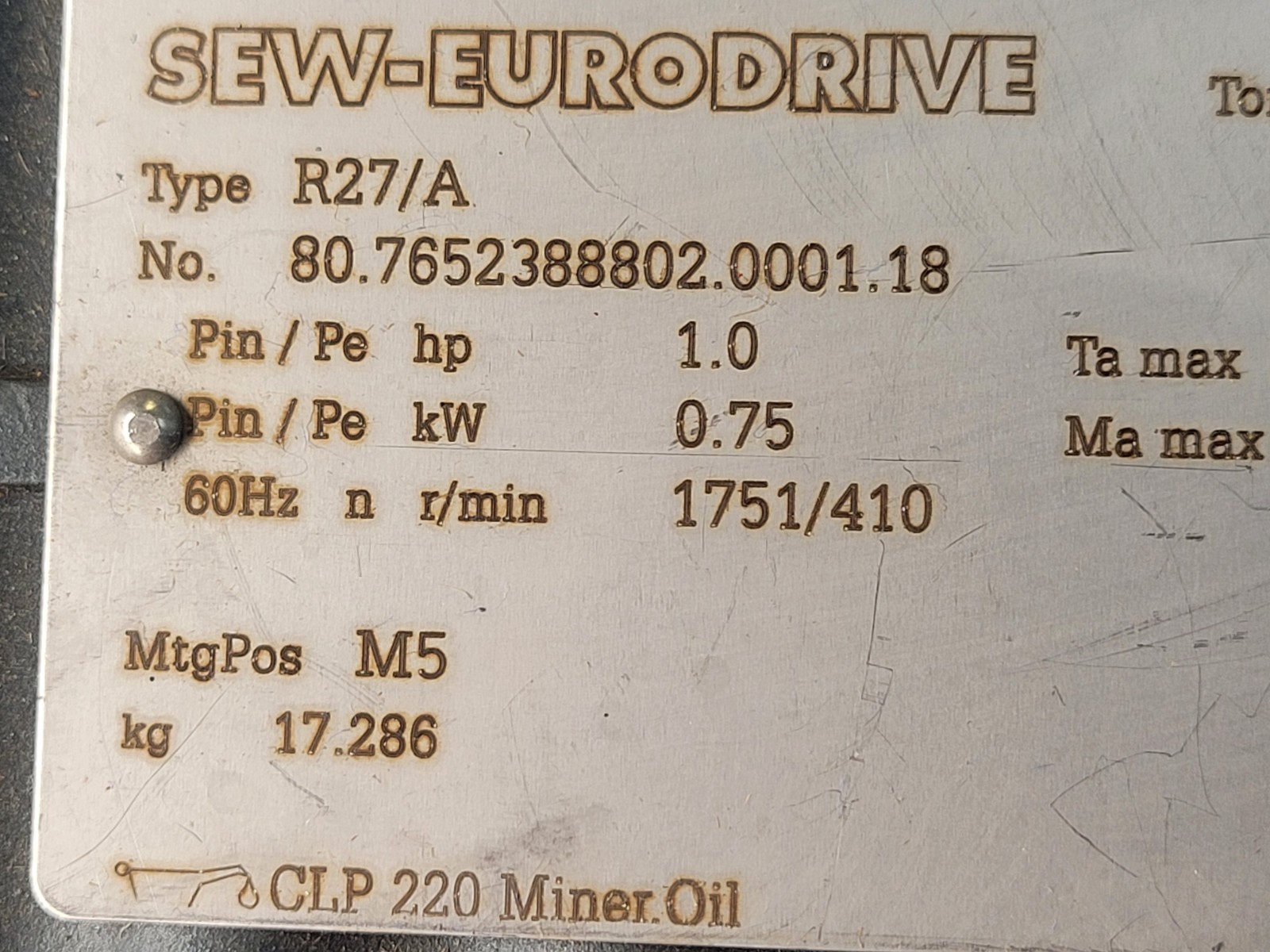 SEW Euro-Drive R27 DRN80M4/Type R27/A Motor Drive.