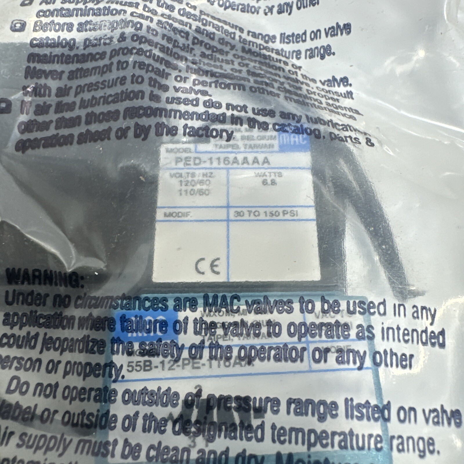 MAC 55B-12-PE-116AA VALVE W/ PED-116AAAA, 6.8 WATTS, 30 TO 150 PSI NNB