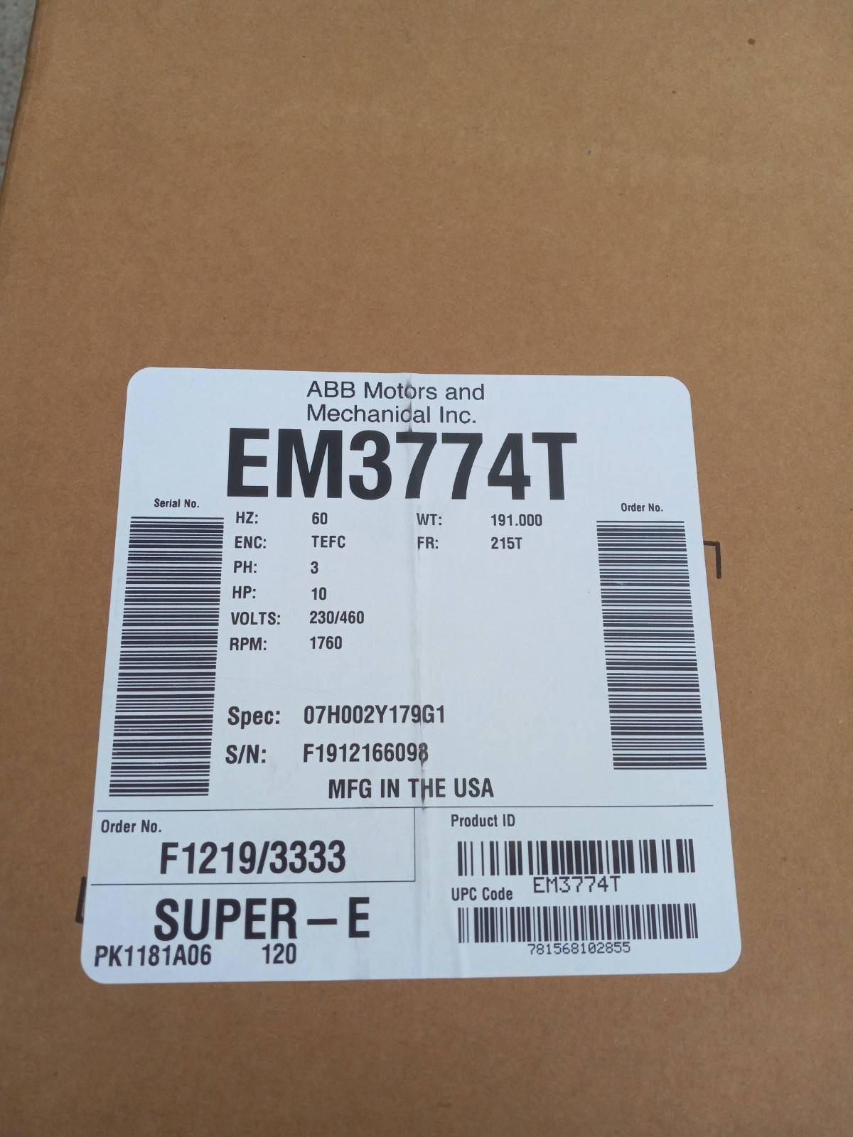 10 HP BALDOR RELIANCE SUPER E MOTOR EM3774T 1760 RPM 215T FRAME